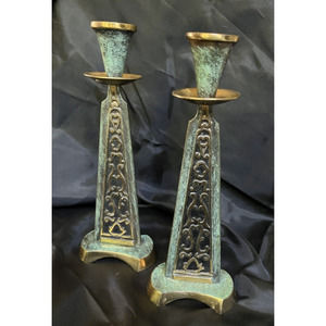 2 Verdigris Brass Candlesticks Candle Holders Made in Israel Mid Century Decor